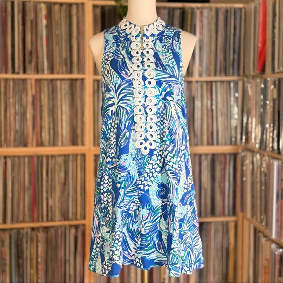 Lilly Pulitzer Dresses & Skirts - Lilly Pulitzer Jane Blue & Green Retro Size 6 Mod Dress White Trim Gold Zipper